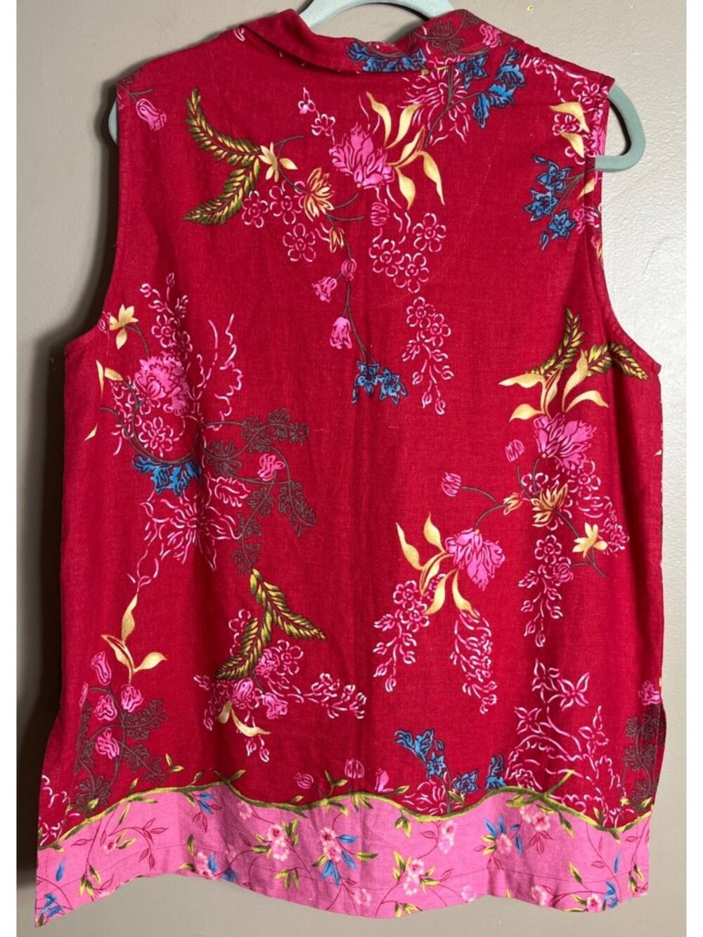 Red Floral Linen Blouse Vibrant Ivy Brand Button Tunic Sleeveless Comfort Wom XL - Picture 6 of 7